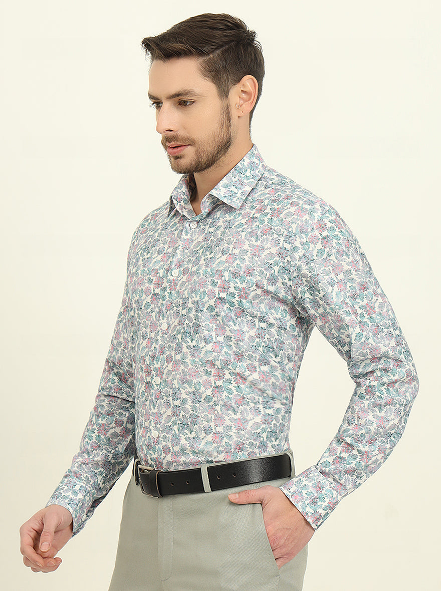 Off-White & Green Printed Regular Fit Formal Shirt | JadeBlue