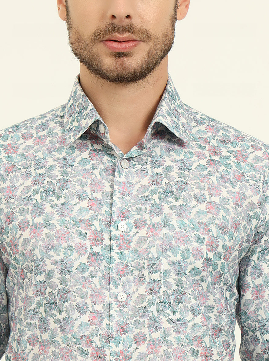Off-White & Green Printed Regular Fit Formal Shirt | JadeBlue