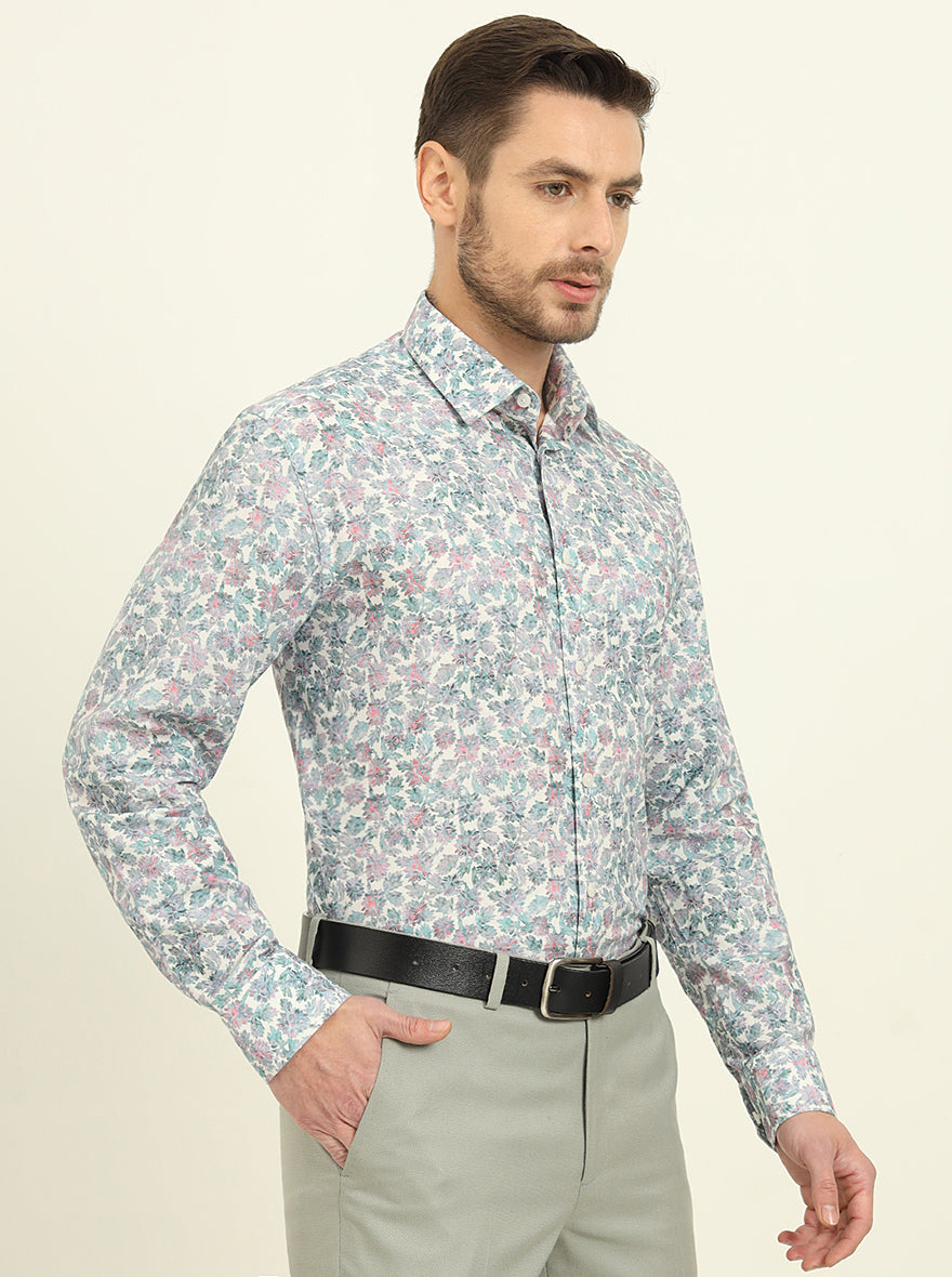 Off-White & Green Printed Regular Fit Formal Shirt | JadeBlue