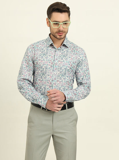 Off-White & Green Printed Regular Fit Formal Shirt | JadeBlue