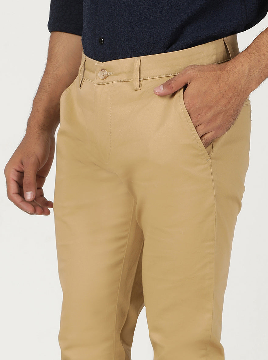 Khaki Solid Slim Fit Casual Trouser | Greenfibre