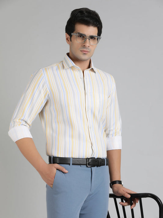 Light Yellow Striped Slim Fit Formal Shirt | Greenfibre