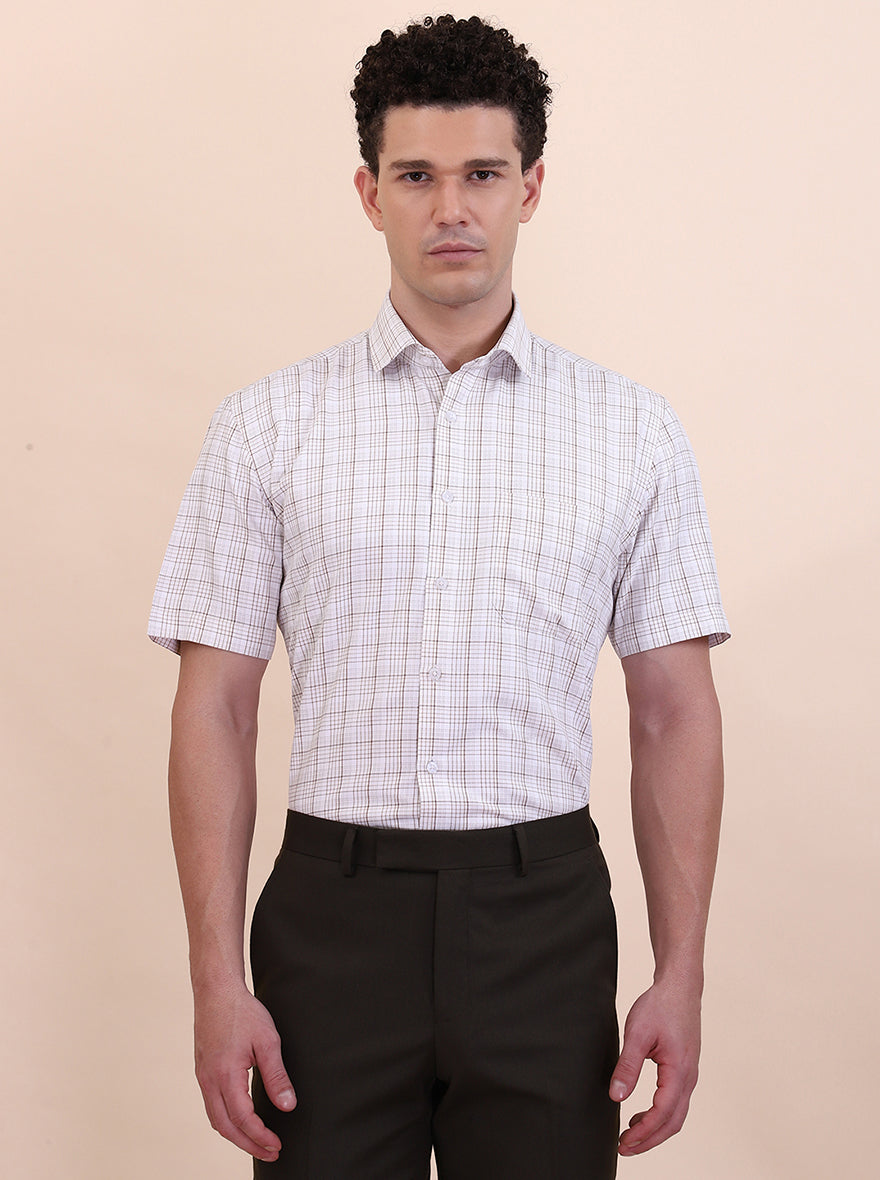 White & Fawn Checked Regular Fit Formal Shirt | Greenfibre