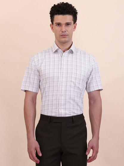 White & Fawn Checked Regular Fit Formal Shirt | Greenfibre