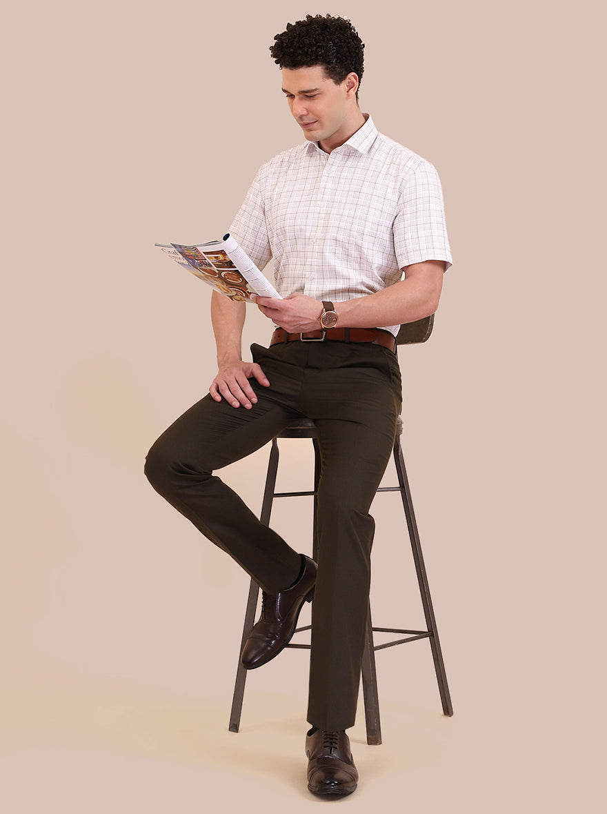 White & Fawn Checked Regular Fit Formal Shirt | Greenfibre