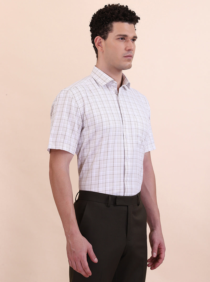 White & Fawn Checked Regular Fit Formal Shirt | Greenfibre