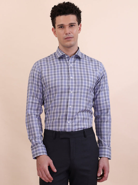 Grey & Blue Checked Regular Fit Formal Shirt | Greenfibre