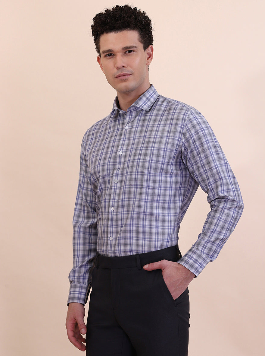 Grey & Blue Checked Regular Fit Formal Shirt | Greenfibre