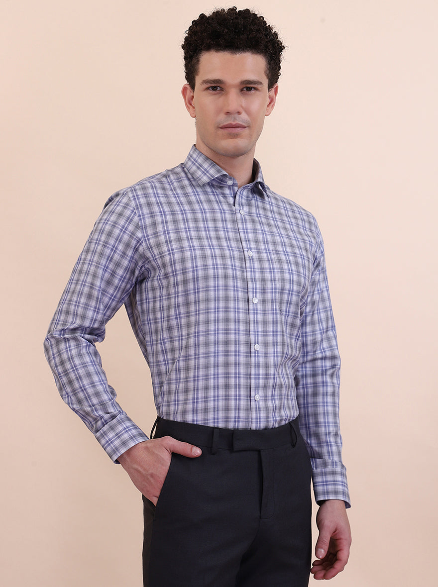 Grey & Blue Checked Regular Fit Formal Shirt | Greenfibre