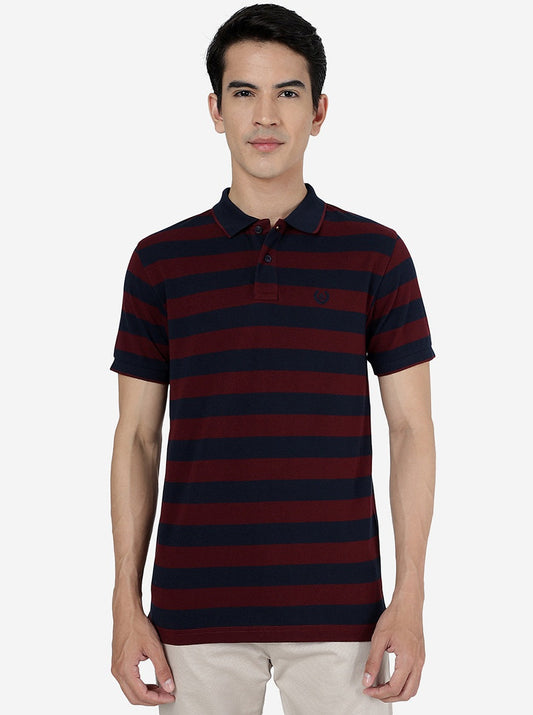 Maroon & Navy Striped Slim Fit Polo T-Shirt | Greenfibre