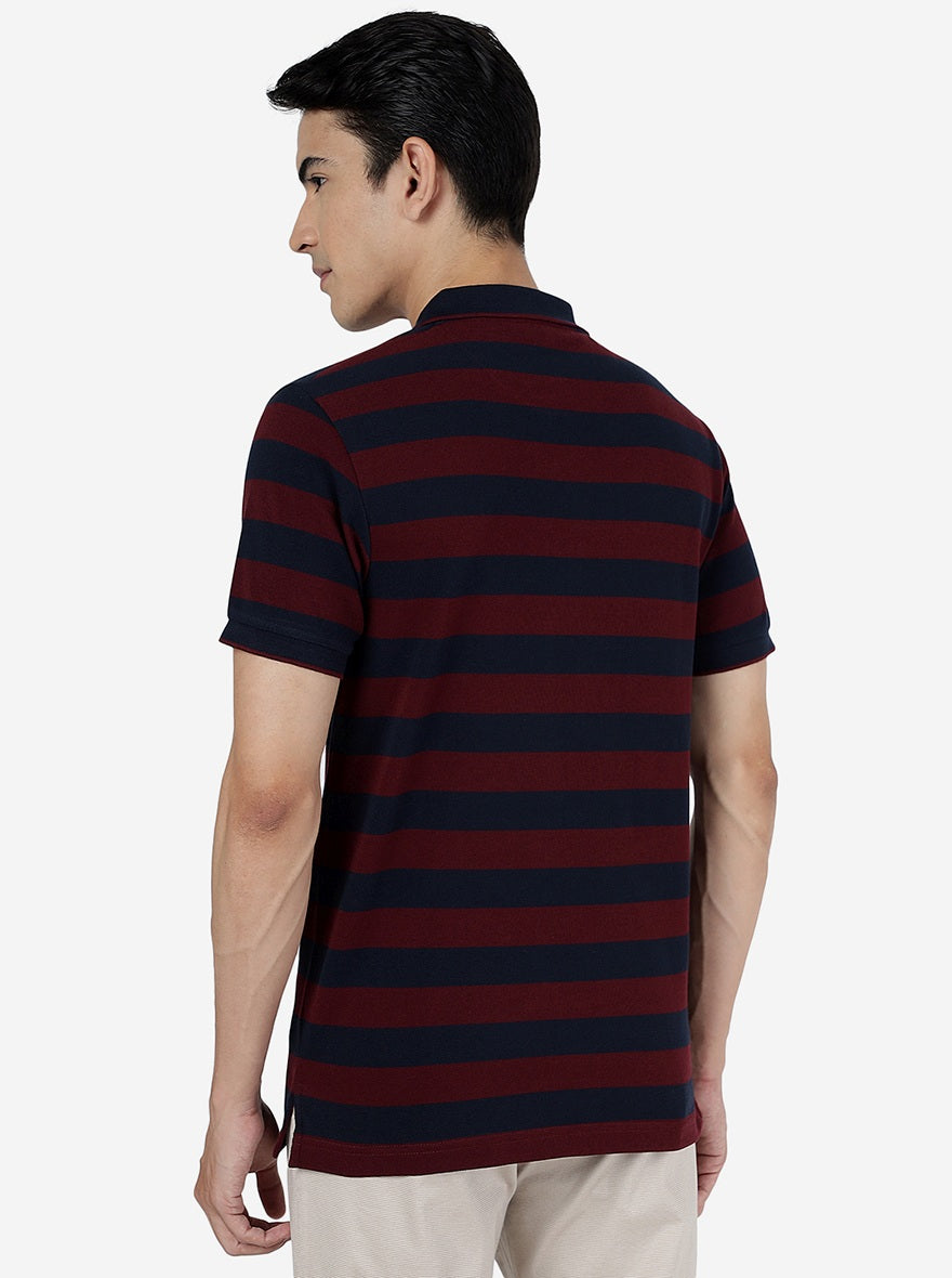 Maroon & Navy Striped Slim Fit Polo T-Shirt | Greenfibre