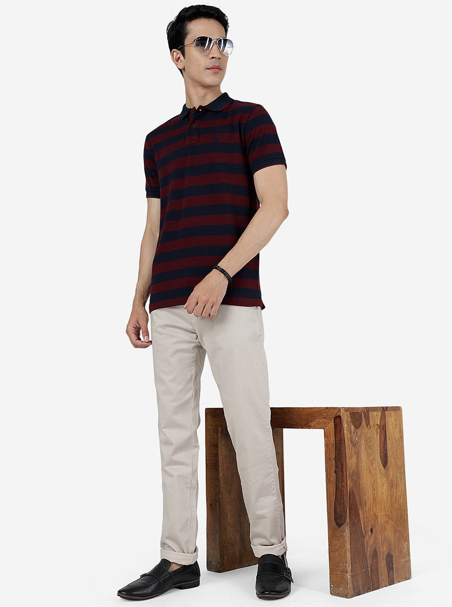 Maroon & Navy Striped Slim Fit Polo T-Shirt | Greenfibre