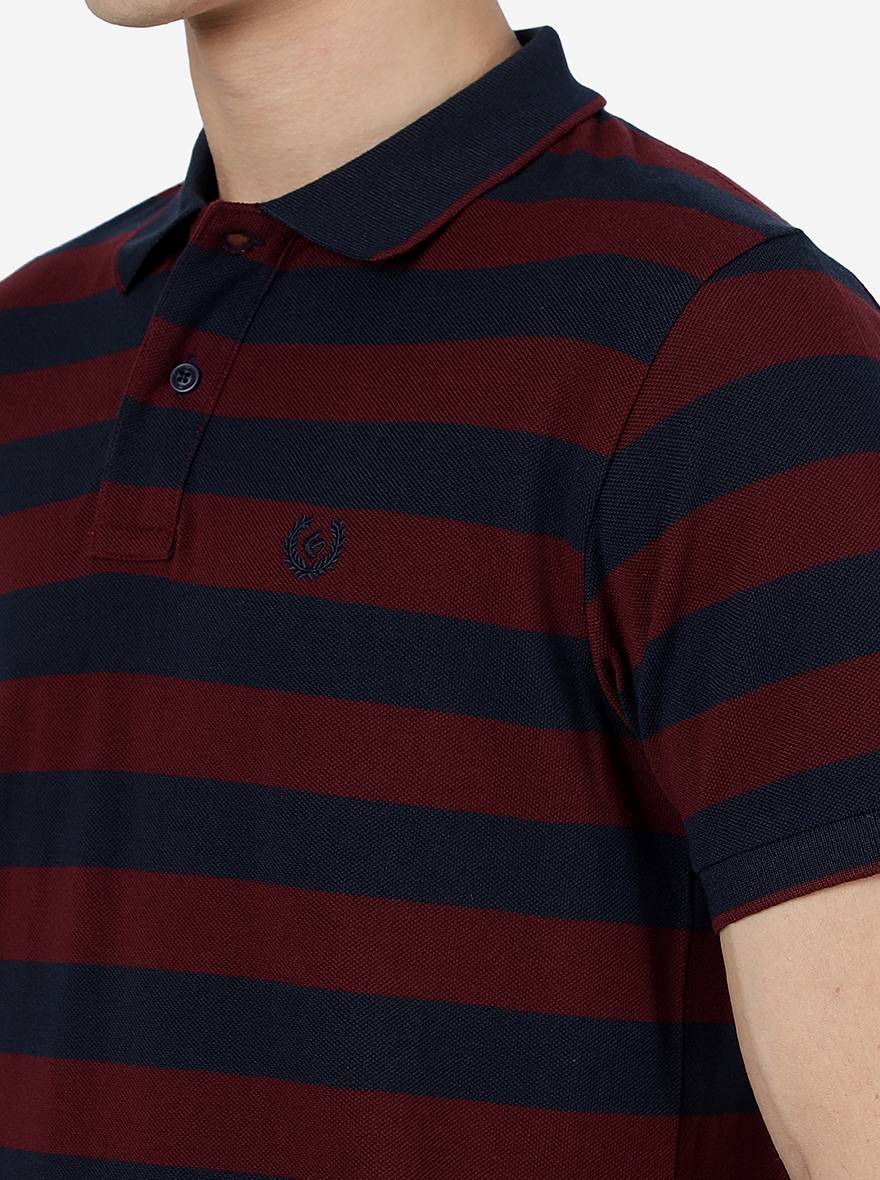 Maroon & Navy Striped Slim Fit Polo T-Shirt | Greenfibre