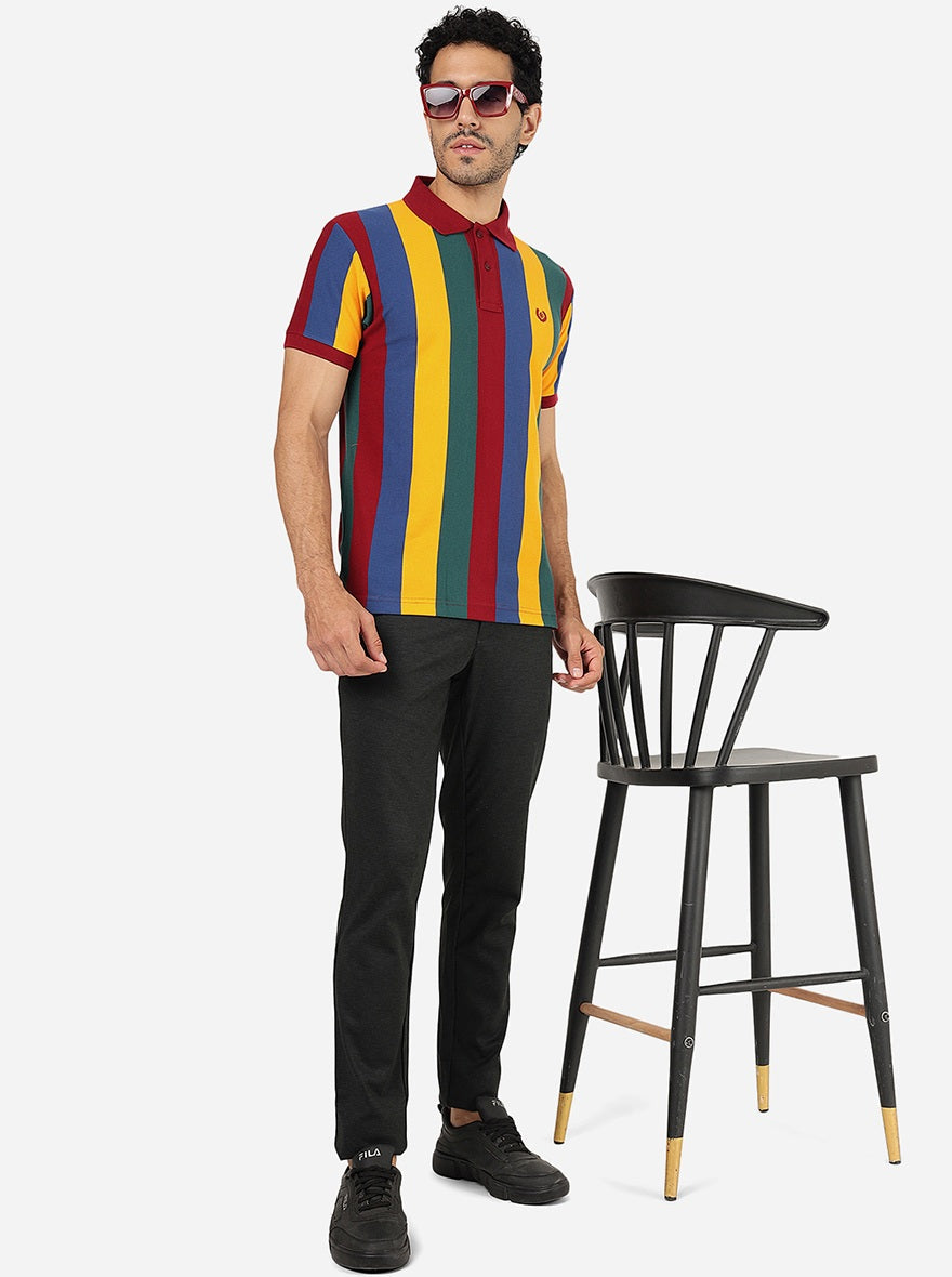 Multicolor Striped Slim Fit Polo T-Shirt | Greenfibre