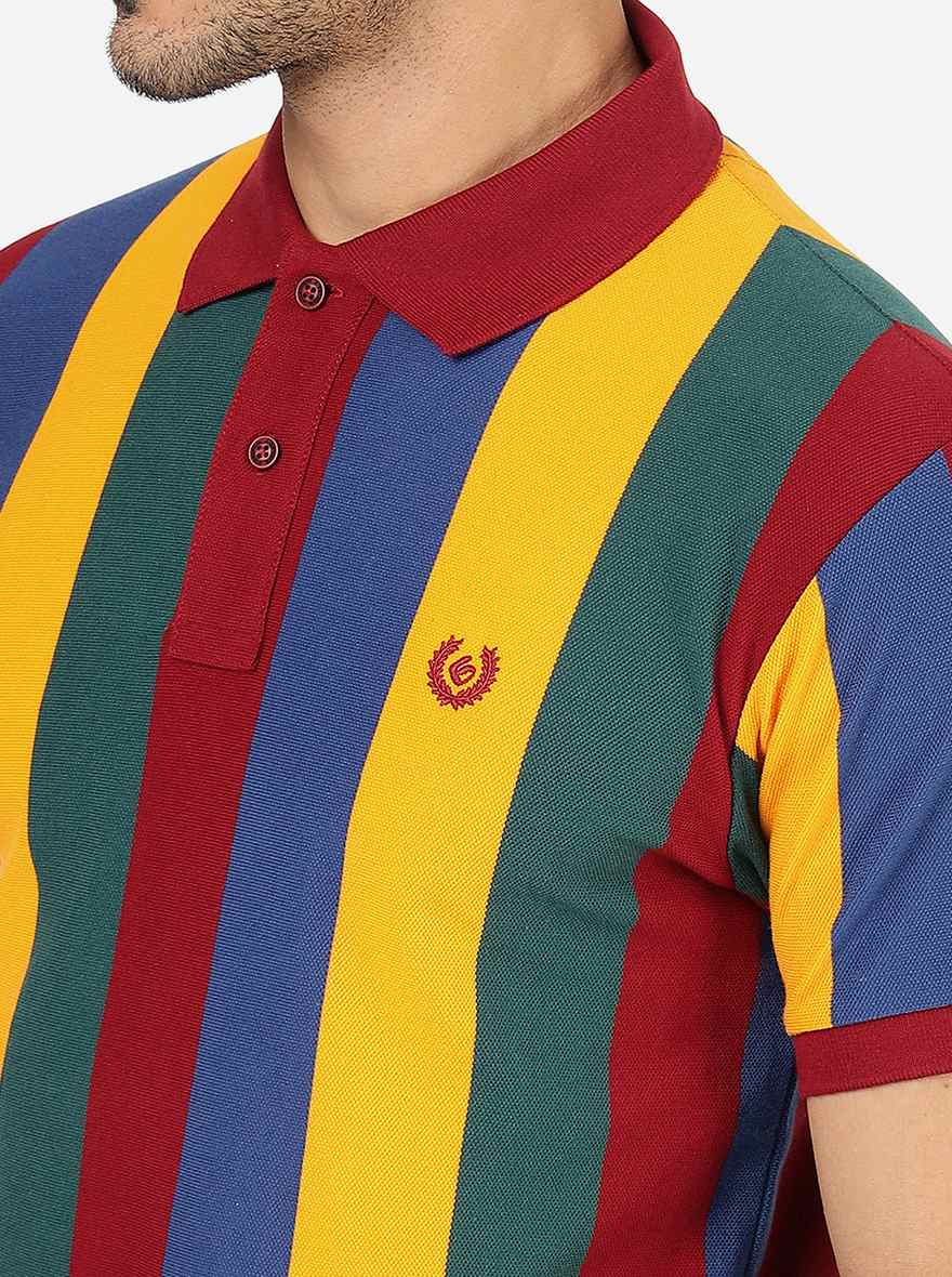 Multicolor Striped Slim Fit Polo T-Shirt | Greenfibre