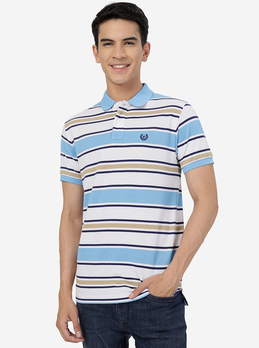 White & Blue Striped Slim Fit Polo T-Shirt | Greenfibre