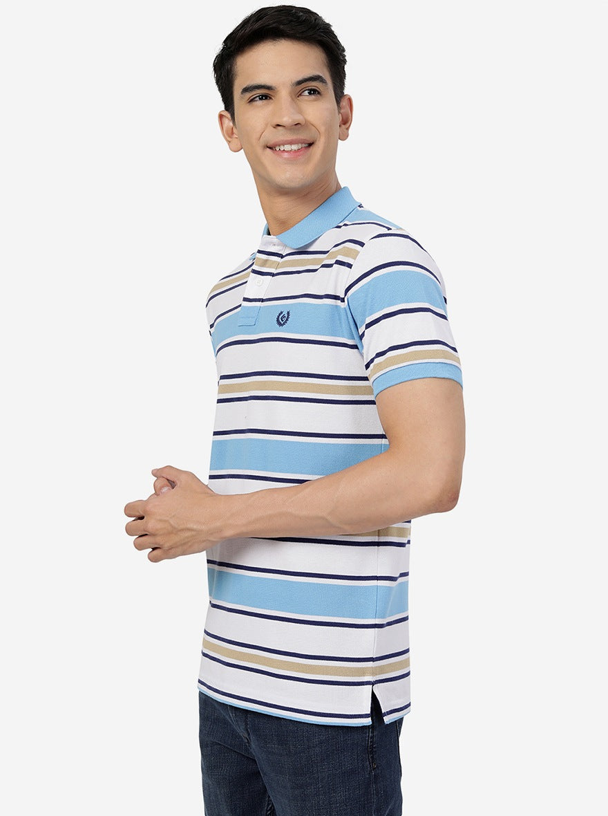 White & Blue Striped Slim Fit Polo T-Shirt | Greenfibre