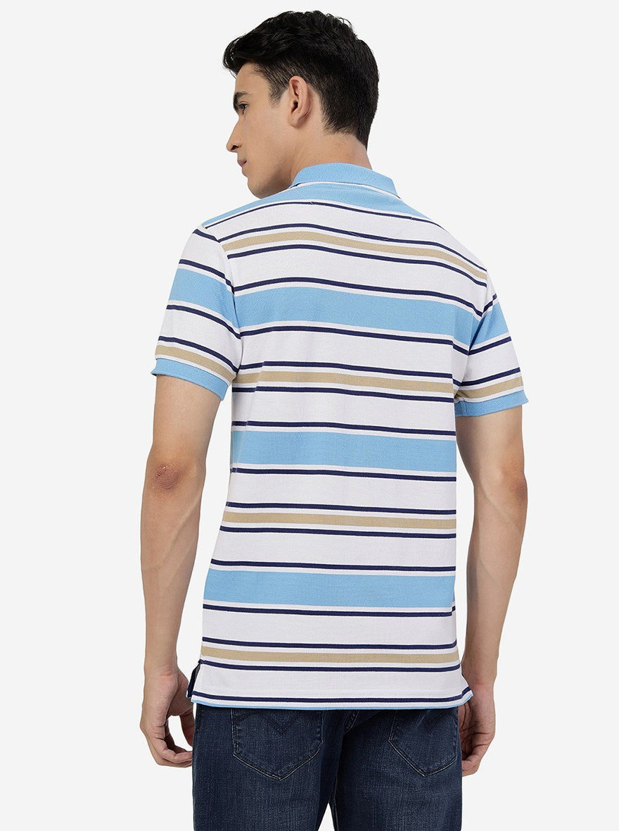 White & Blue Striped Slim Fit Polo T-Shirt | Greenfibre