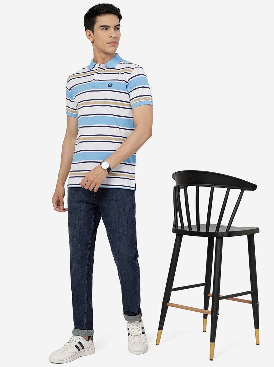 White & Blue Striped Slim Fit Polo T-Shirt | Greenfibre