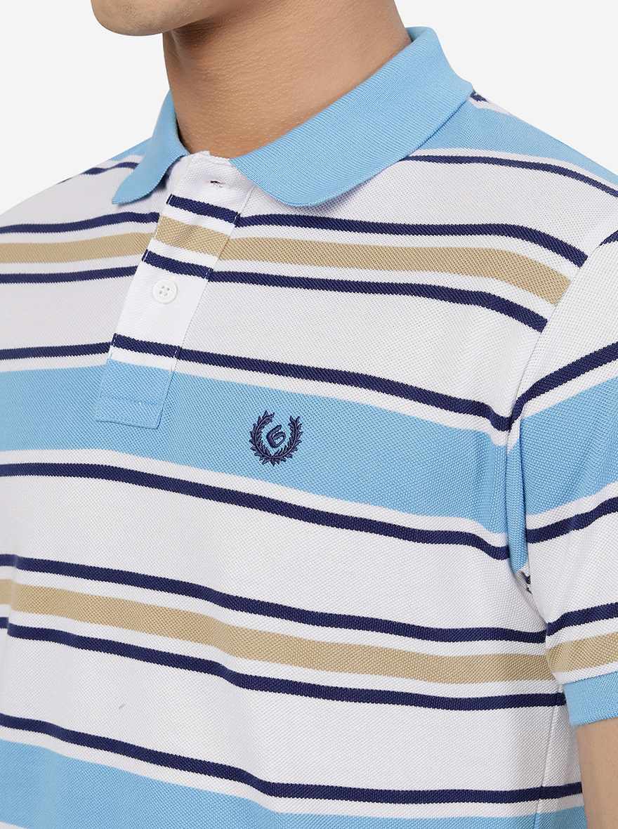 White & Blue Striped Slim Fit Polo T-Shirt | Greenfibre