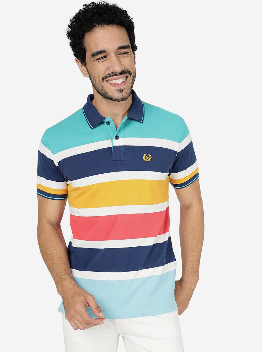 Multicolor Striped Slim Fit Polo T-Shirt | Greenfibre