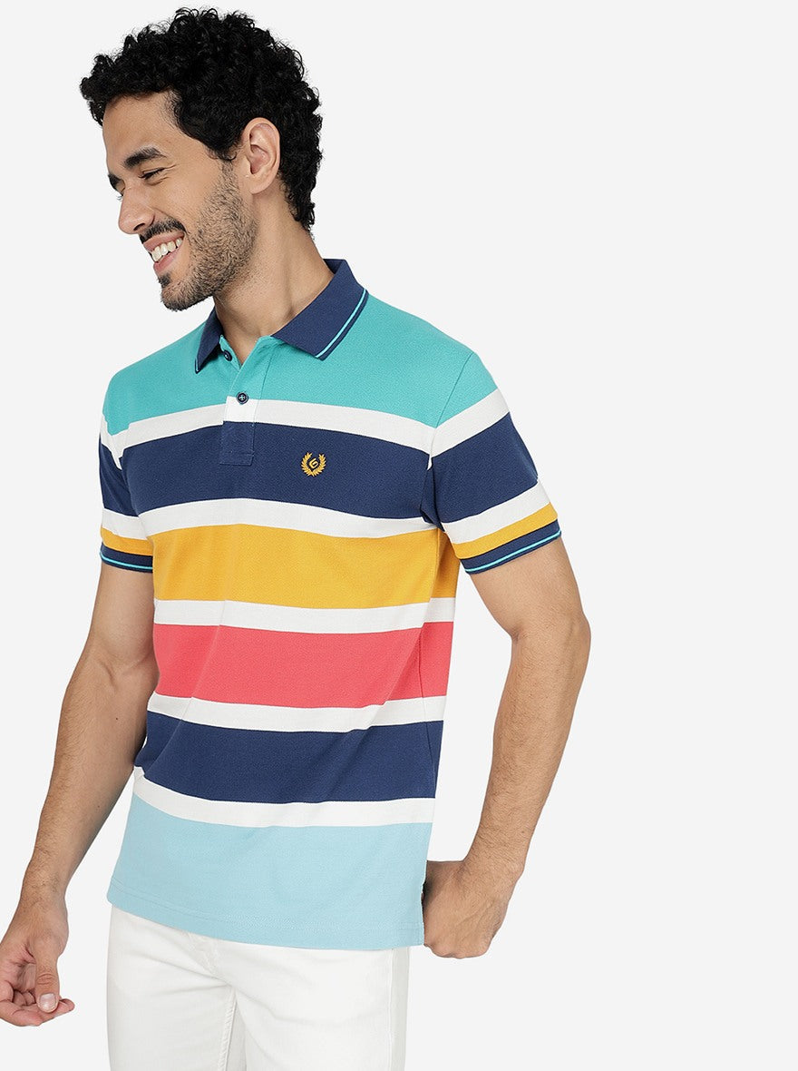 Multicolor Striped Slim Fit Polo T-Shirt | Greenfibre