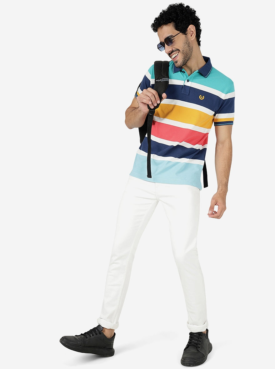 Multicolor Striped Slim Fit Polo T-Shirt | Greenfibre