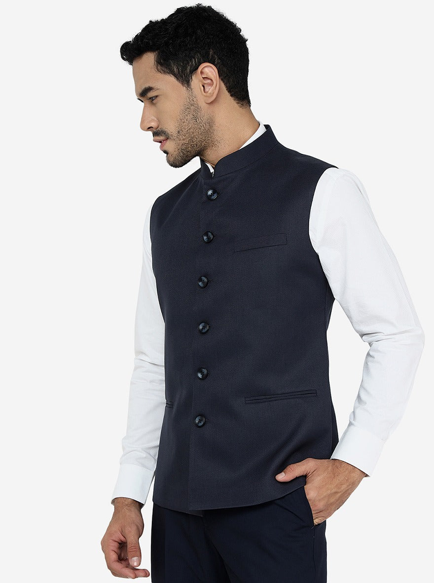 Navy Blue Solid Regular Fit Bandhgala Jacket | Greenfibre