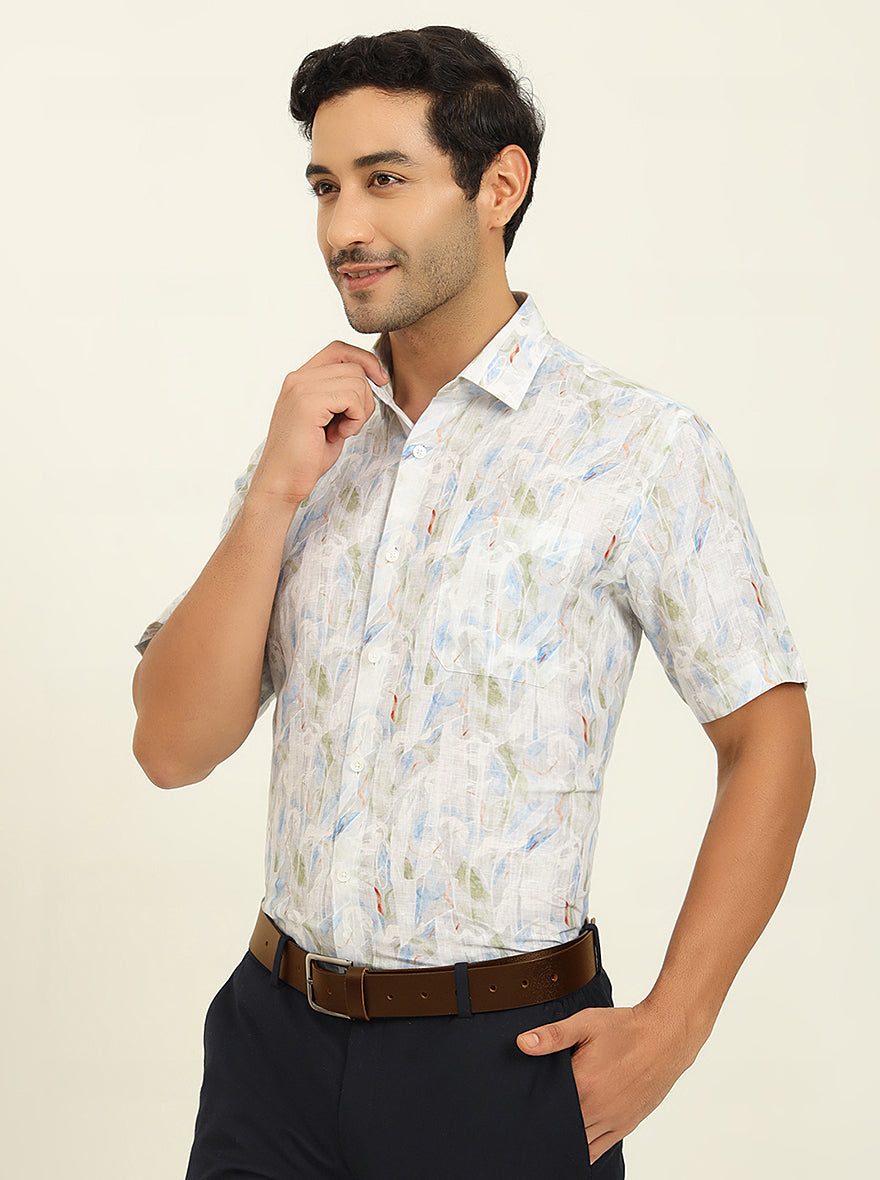 White Base Multi Printed Regular Fit Formal Shirt | JadeBlue