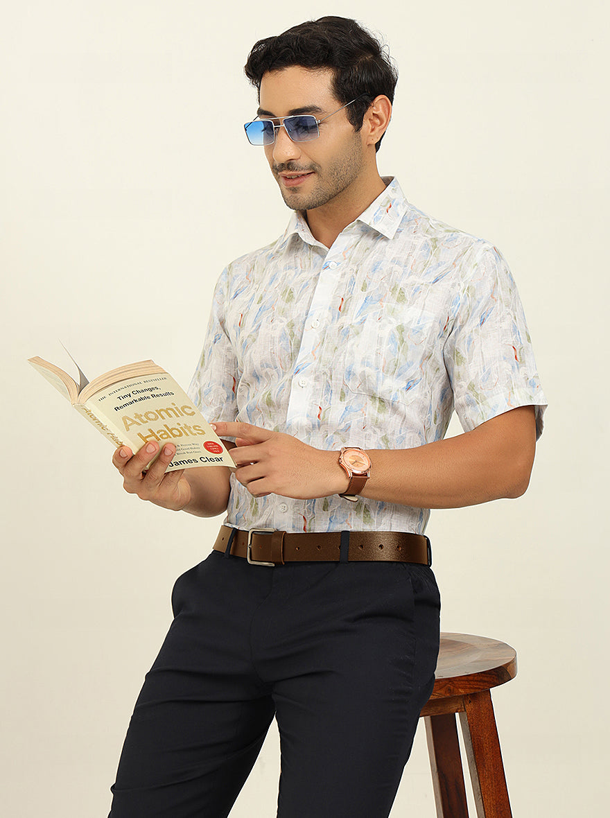 White Base Multi Printed Regular Fit Formal Shirt | JadeBlue
