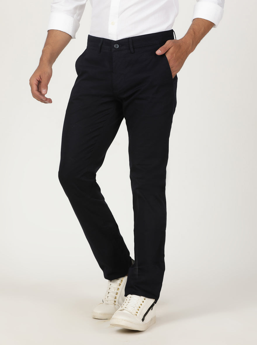 Navy Solid Slim Fit Casual Trouser | Greenfibre