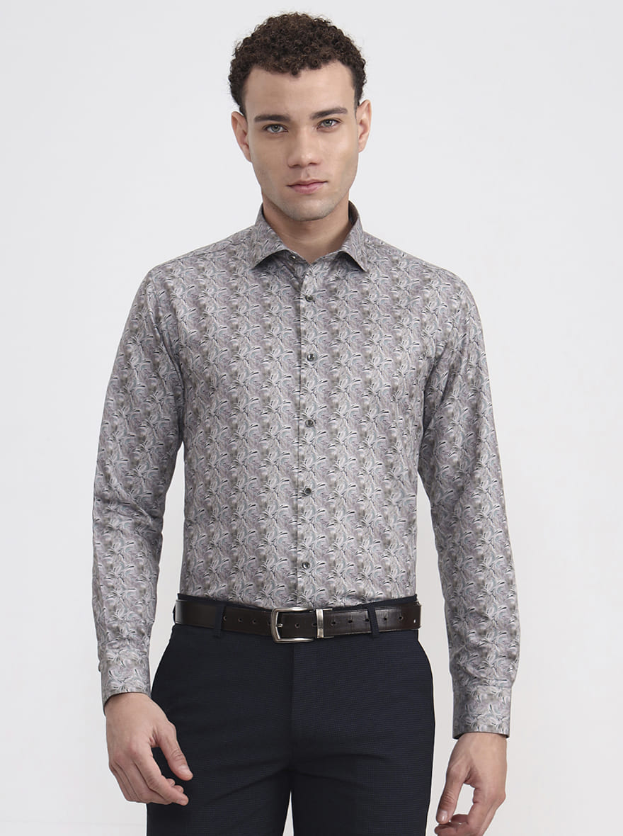 Green & Beige Printed Slim Fit Party Wear Shirt | Greenfibre