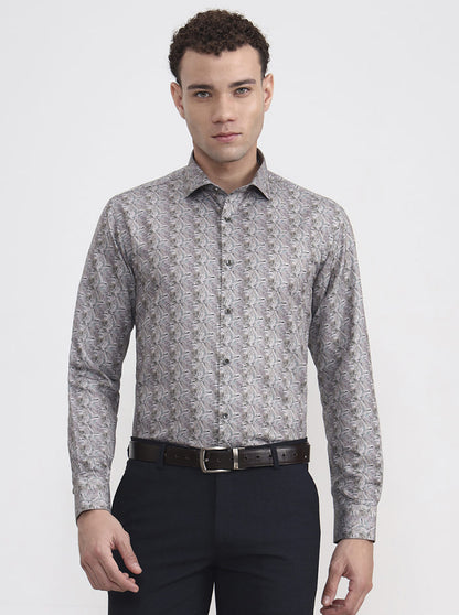 Green & Beige Printed Slim Fit Party Wear Shirt | Greenfibre