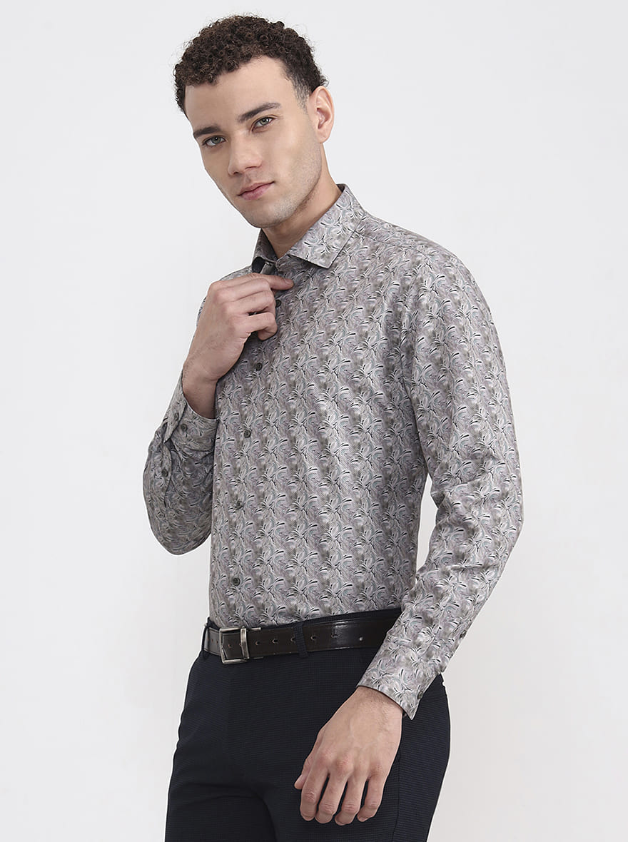 Green & Beige Printed Slim Fit Party Wear Shirt | Greenfibre