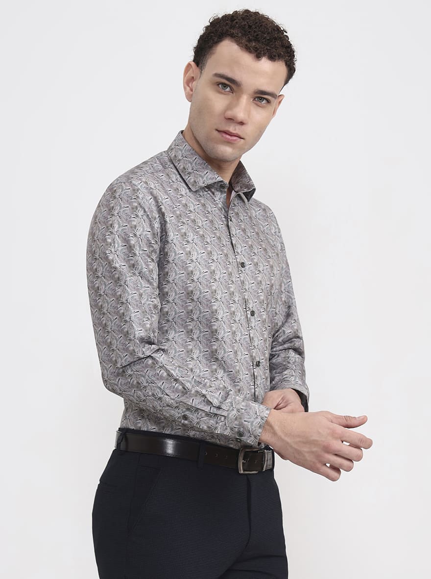 Green & Beige Printed Slim Fit Party Wear Shirt | Greenfibre