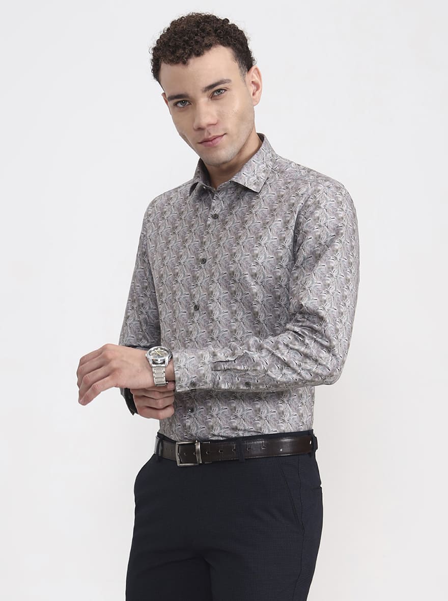 Green & Beige Printed Slim Fit Party Wear Shirt | Greenfibre