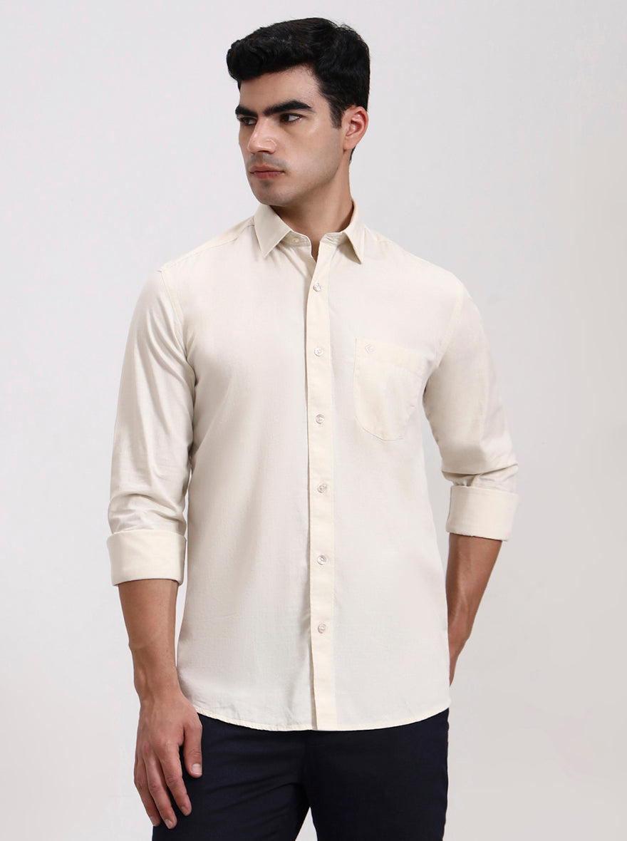 Beige Solid Slim Fit Semi Casual Shirt | Greenfibre
