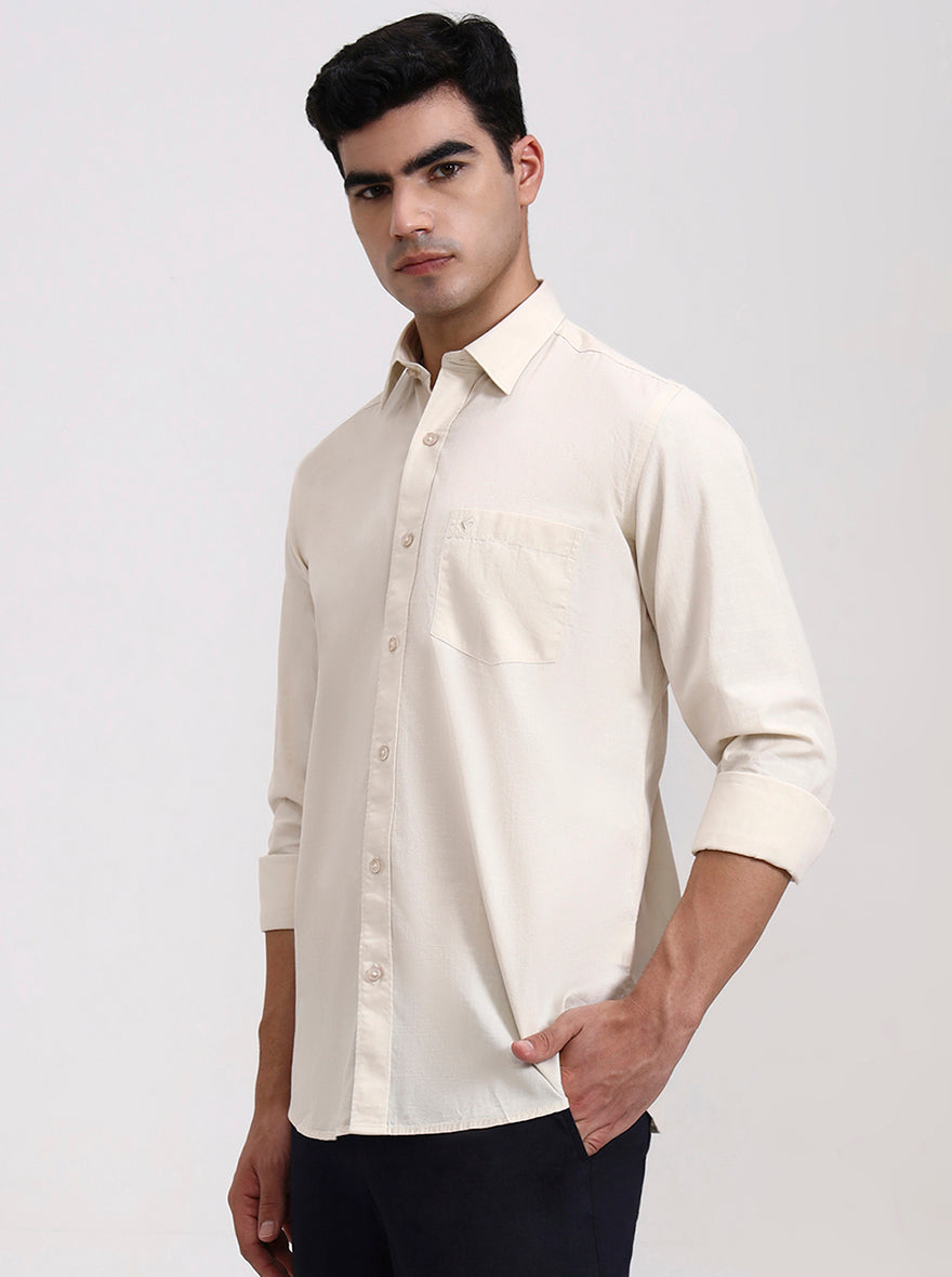 Beige Solid Slim Fit Semi Casual Shirt | Greenfibre