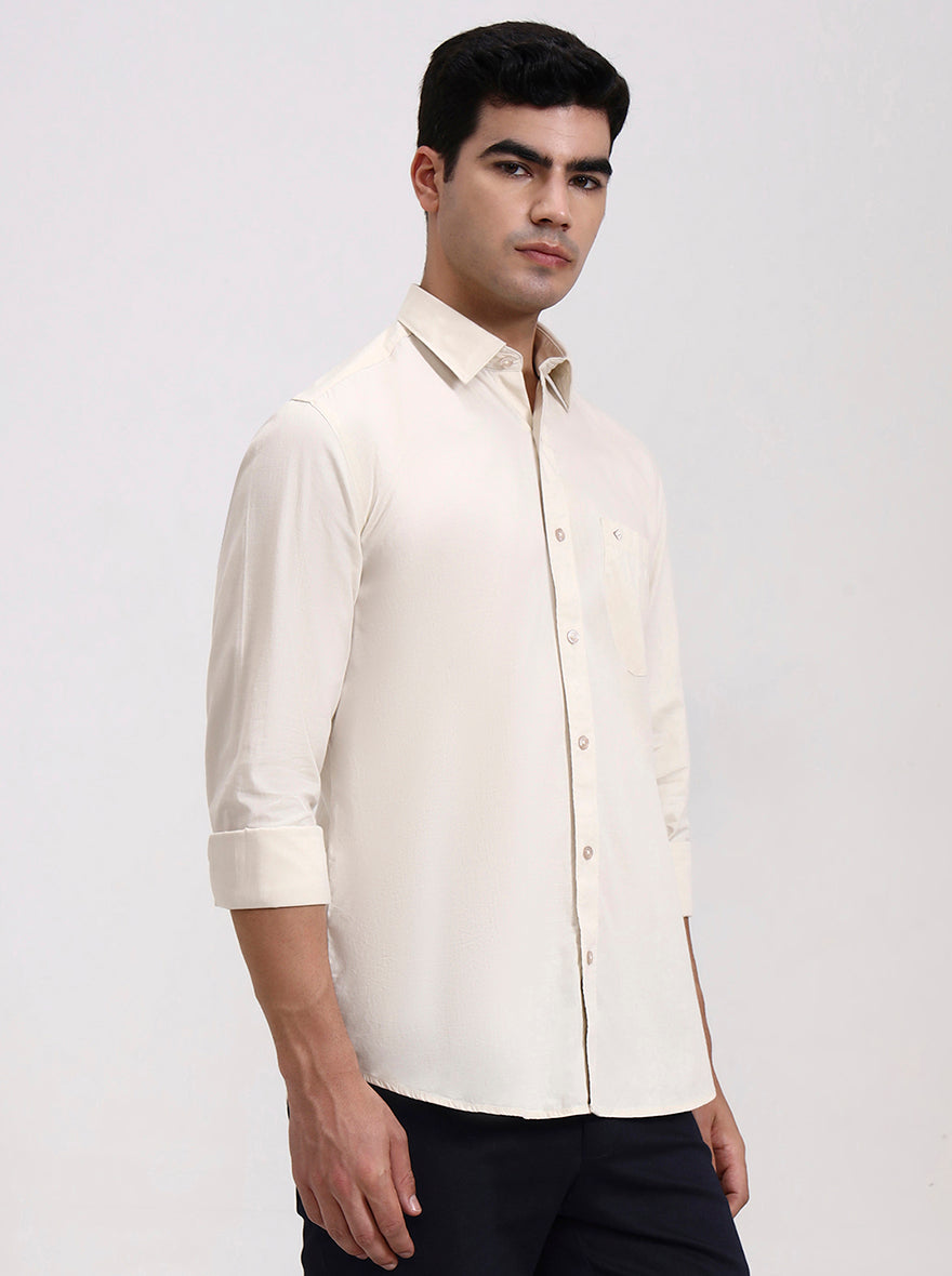 Beige Solid Slim Fit Semi Casual Shirt | Greenfibre