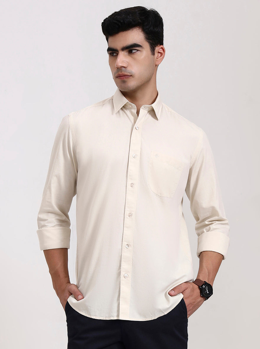 Beige Solid Slim Fit Semi Casual Shirt | Greenfibre