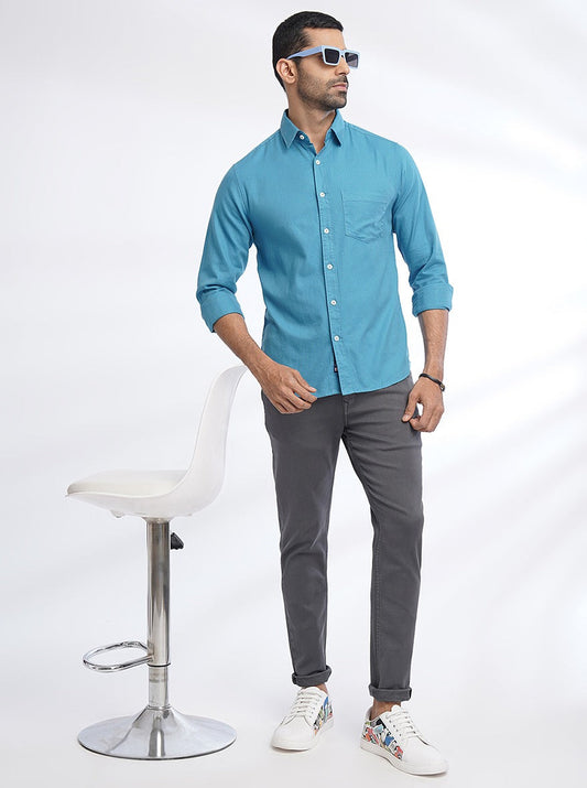 Blue Solid Slim Fit Casual Shirt | Greenfibre