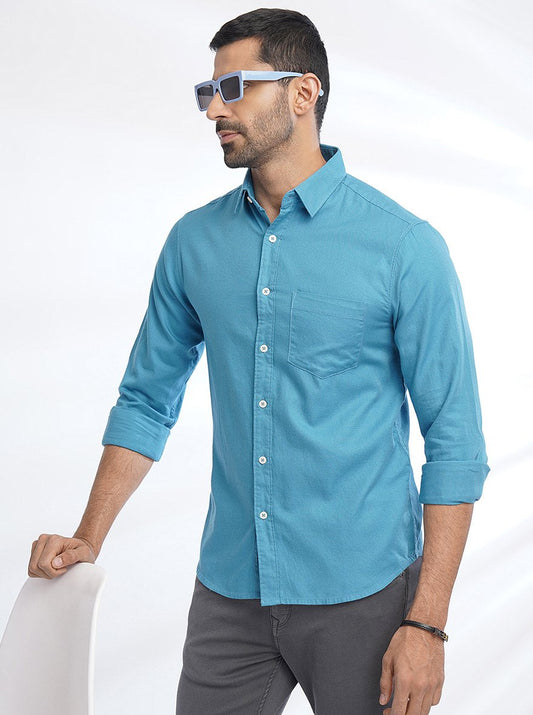 Blue Solid Slim Fit Casual Shirt | Greenfibre