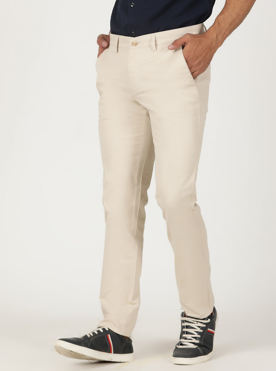 Cream Solid Slim Fit Casual Trouser | Greenfibre