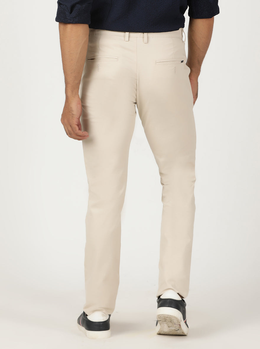 Cream Solid Slim Fit Casual Trouser | Greenfibre