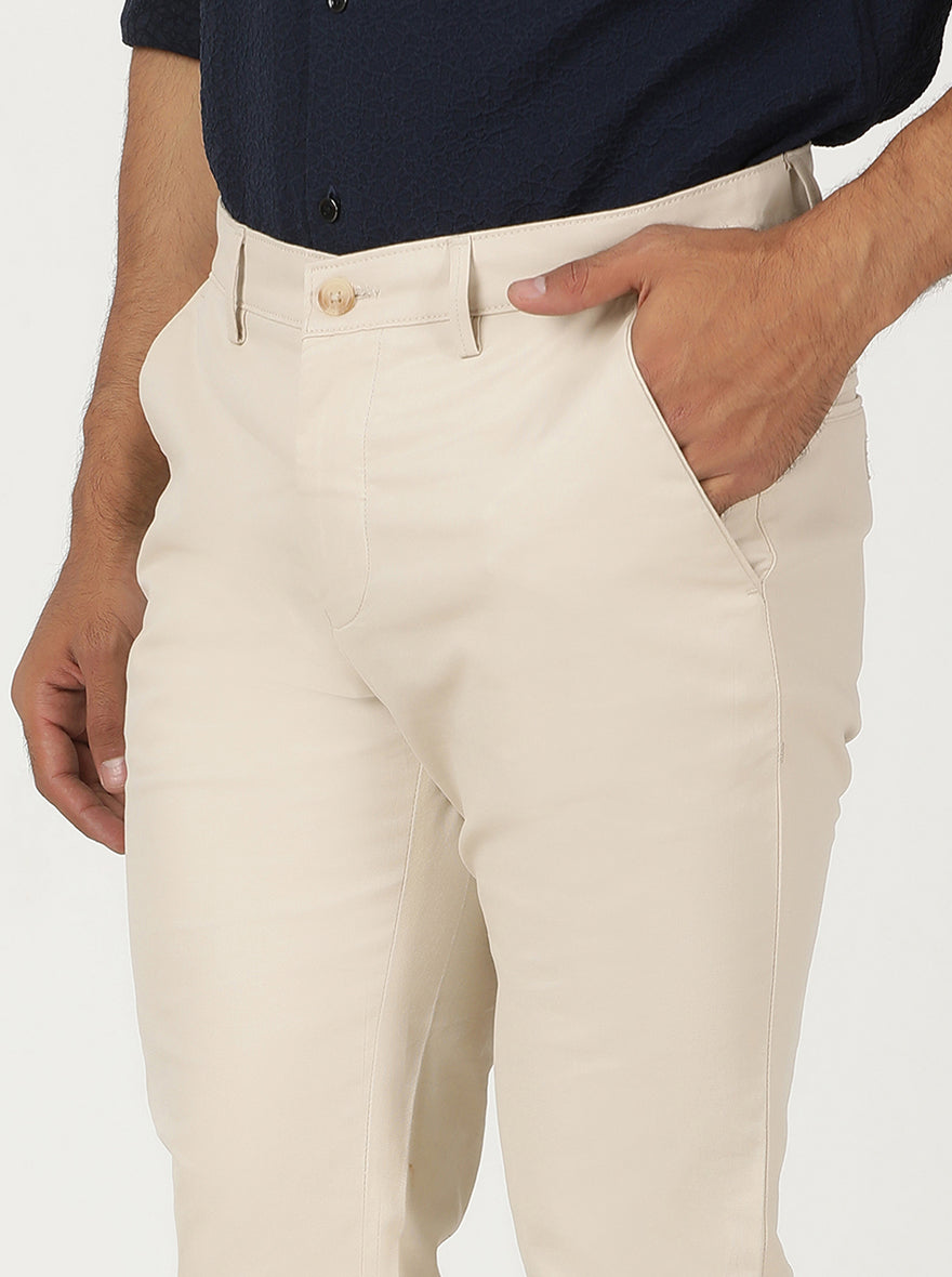 Cream Solid Slim Fit Casual Trouser | Greenfibre