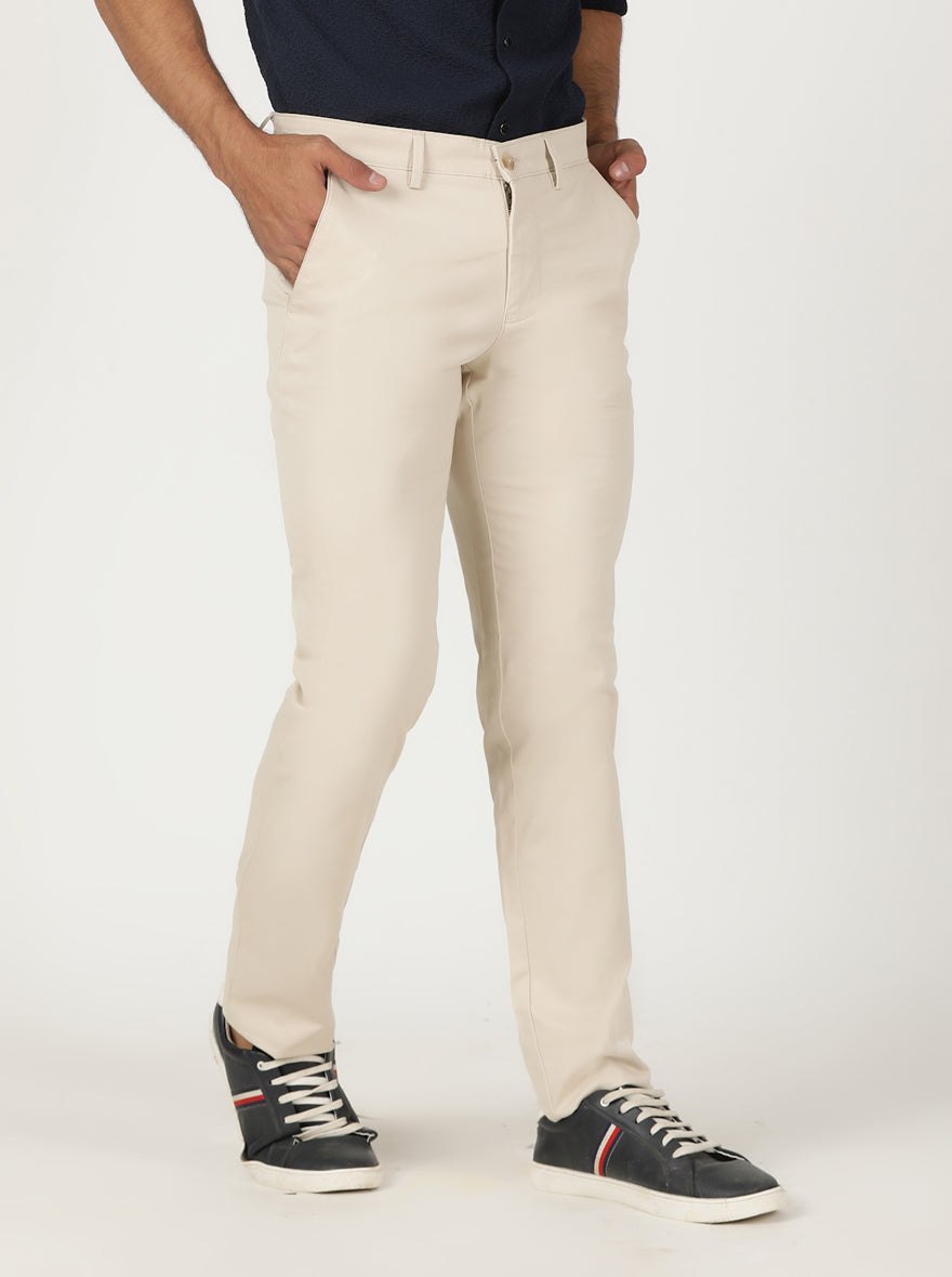 Cream Solid Slim Fit Casual Trouser | Greenfibre