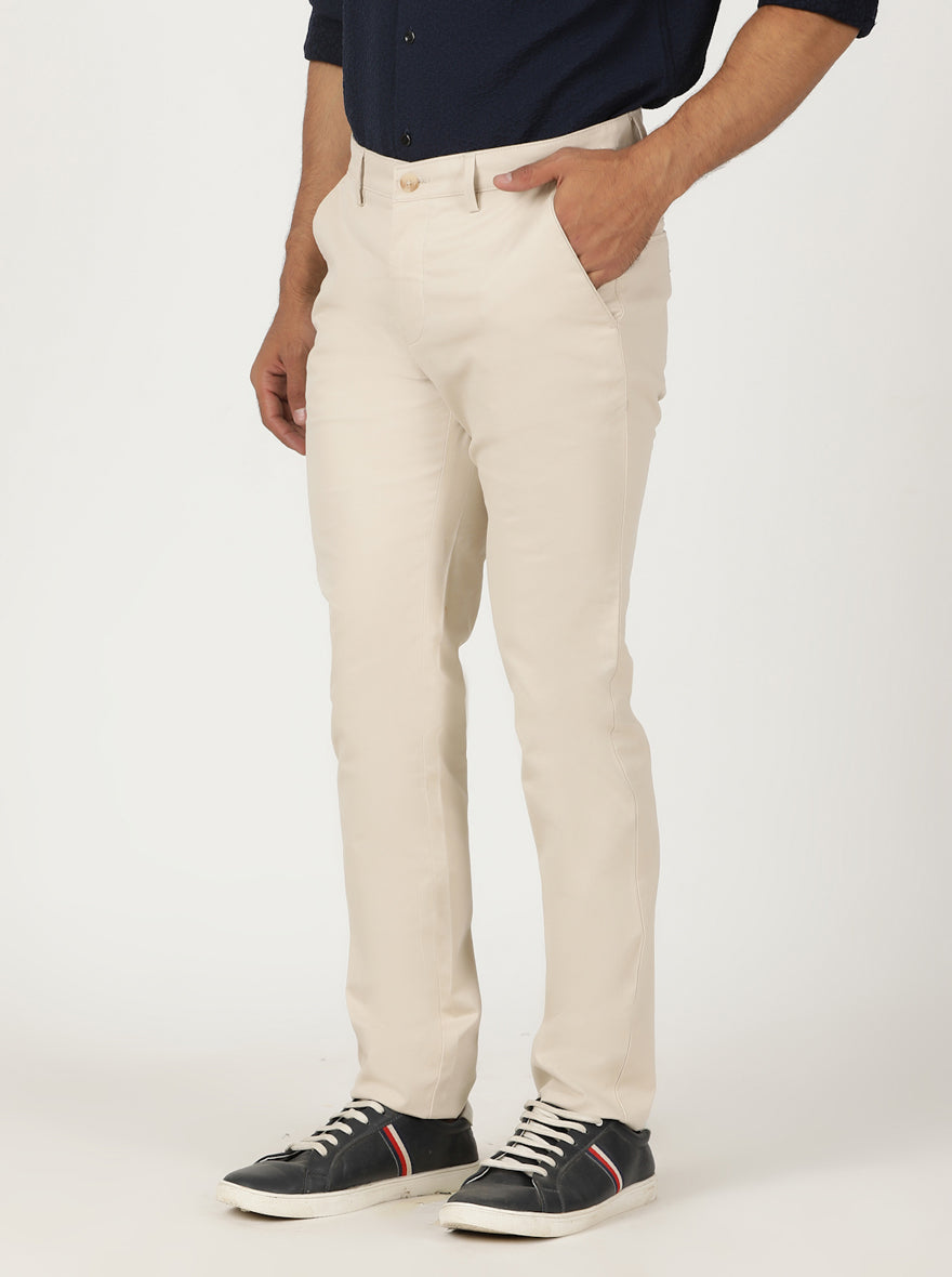 Cream Solid Slim Fit Casual Trouser | Greenfibre