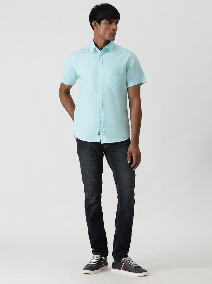 Sky Blue Solid Slim Fit Casual Shirt | Greenfibre