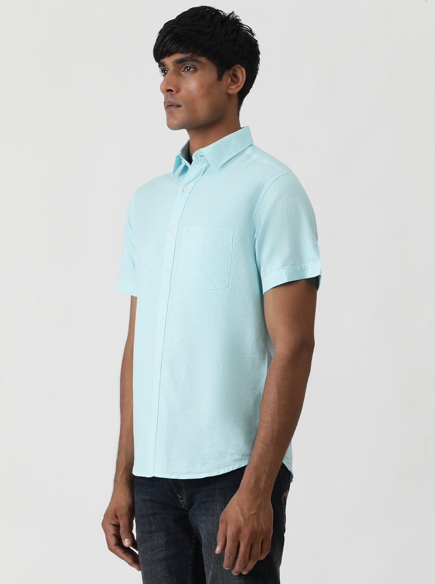 Sky Blue Solid Slim Fit Casual Shirt | Greenfibre