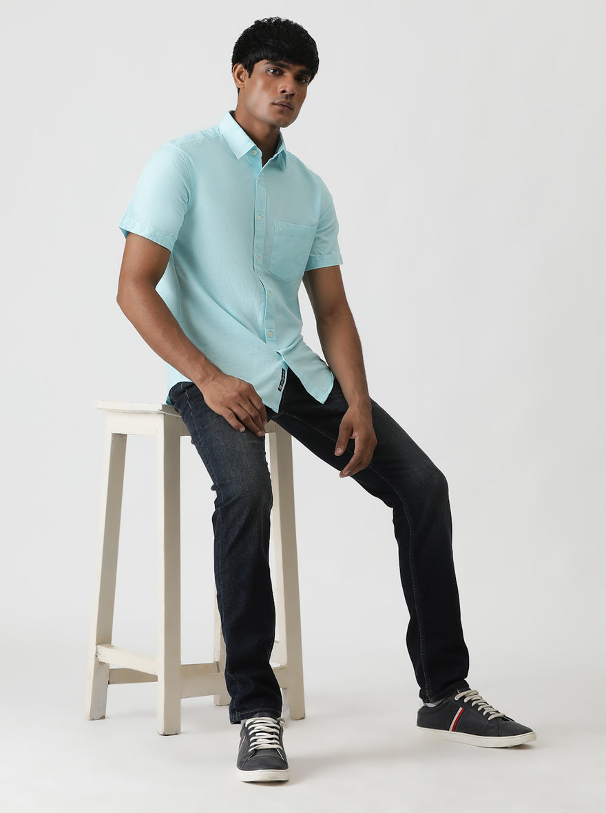 Sky Blue Solid Slim Fit Casual Shirt | Greenfibre